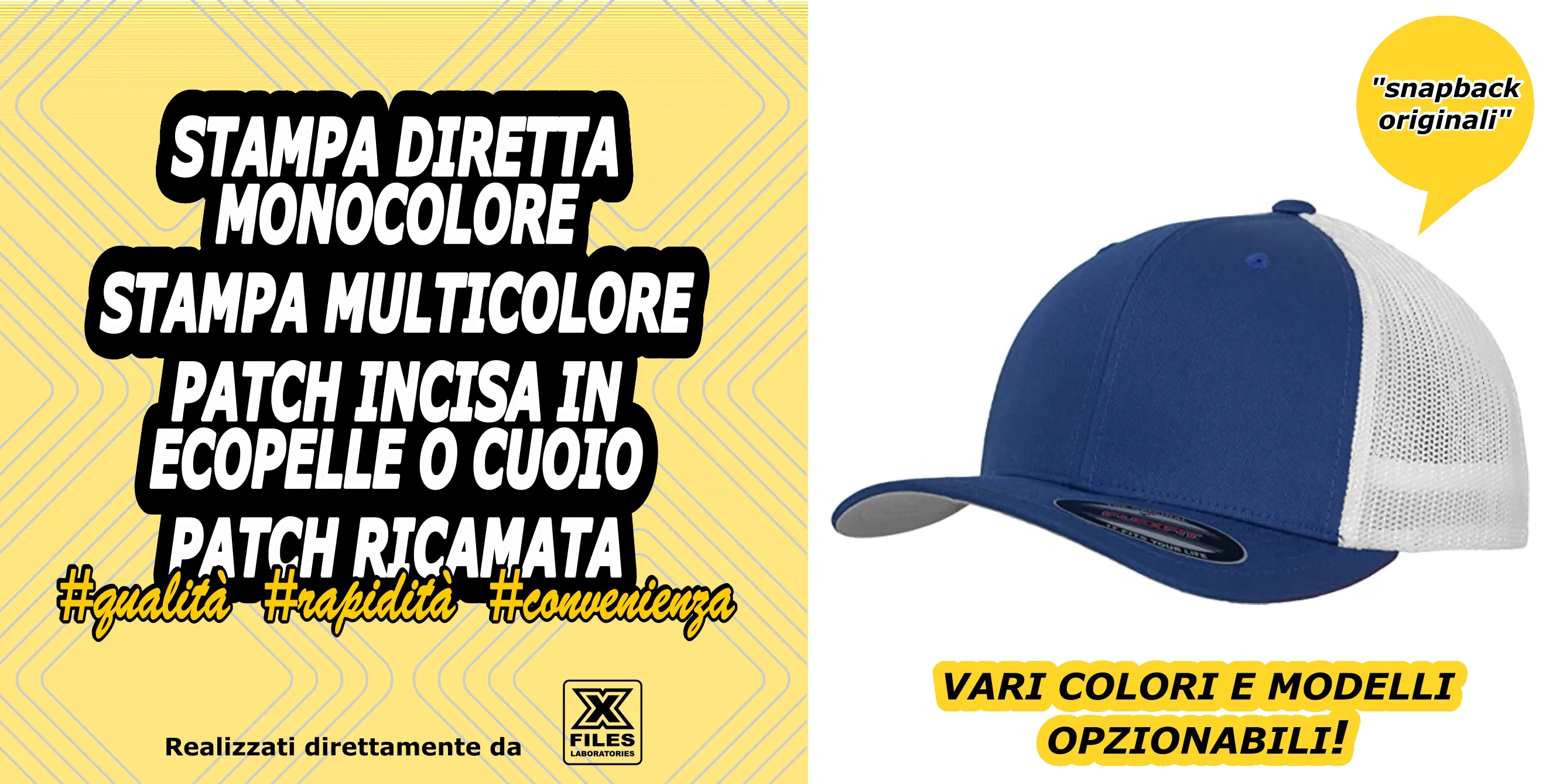 Stampa su cappelli, monocolore o multicolore - Patch incisa in ecopelle o cuoio, ricamata - Vari colori e modelli di cappelli